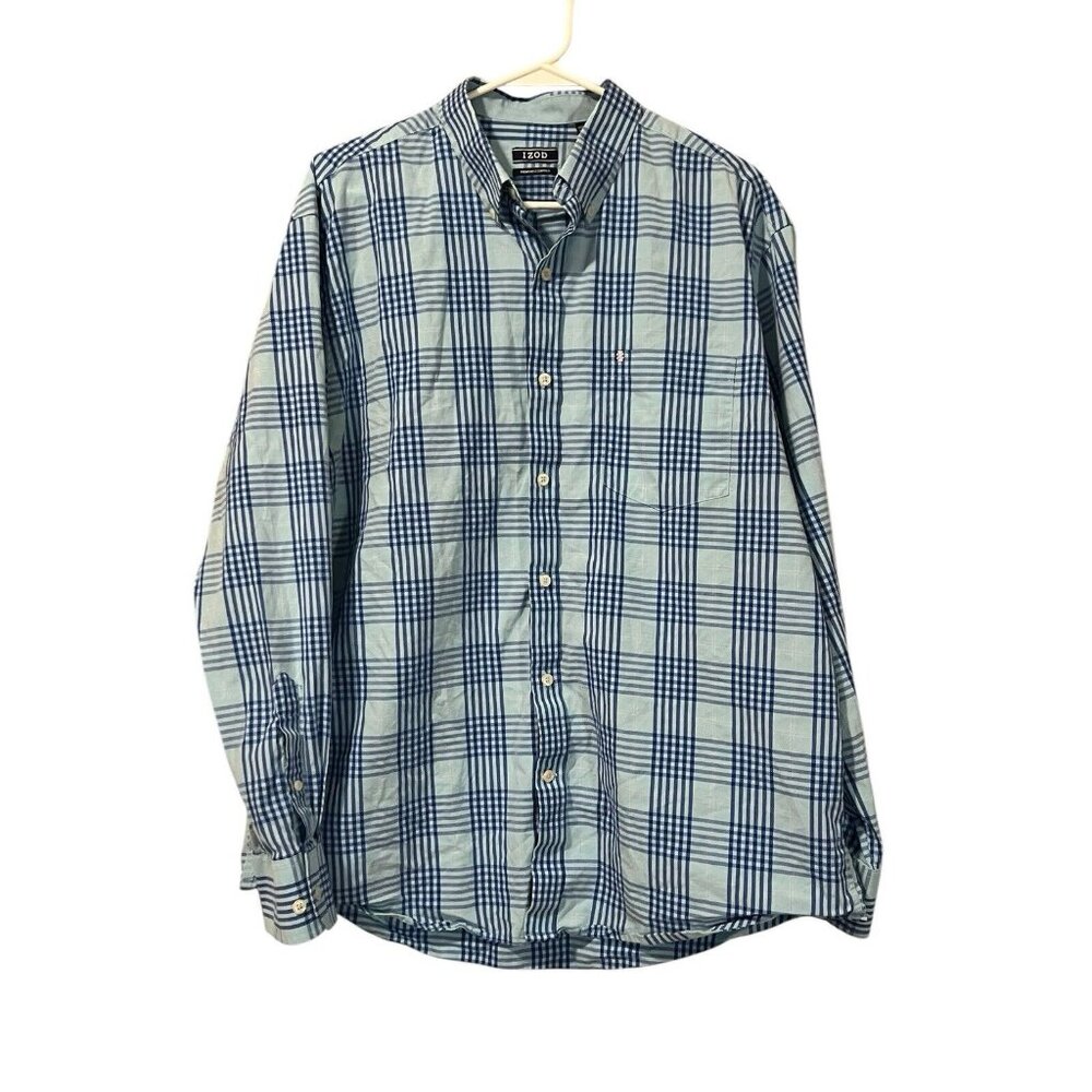 IZOD Blue Plaid Premium Essentials Long Sleeve Men Dress Shirt Size Large Preppy